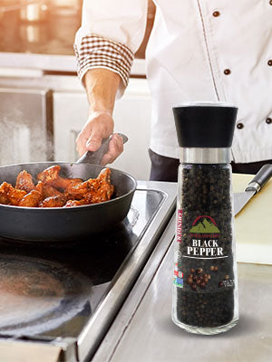 Black Pepper Whole Large Glass Grinder 6.17 oz | HIMALAYAN CHEF
